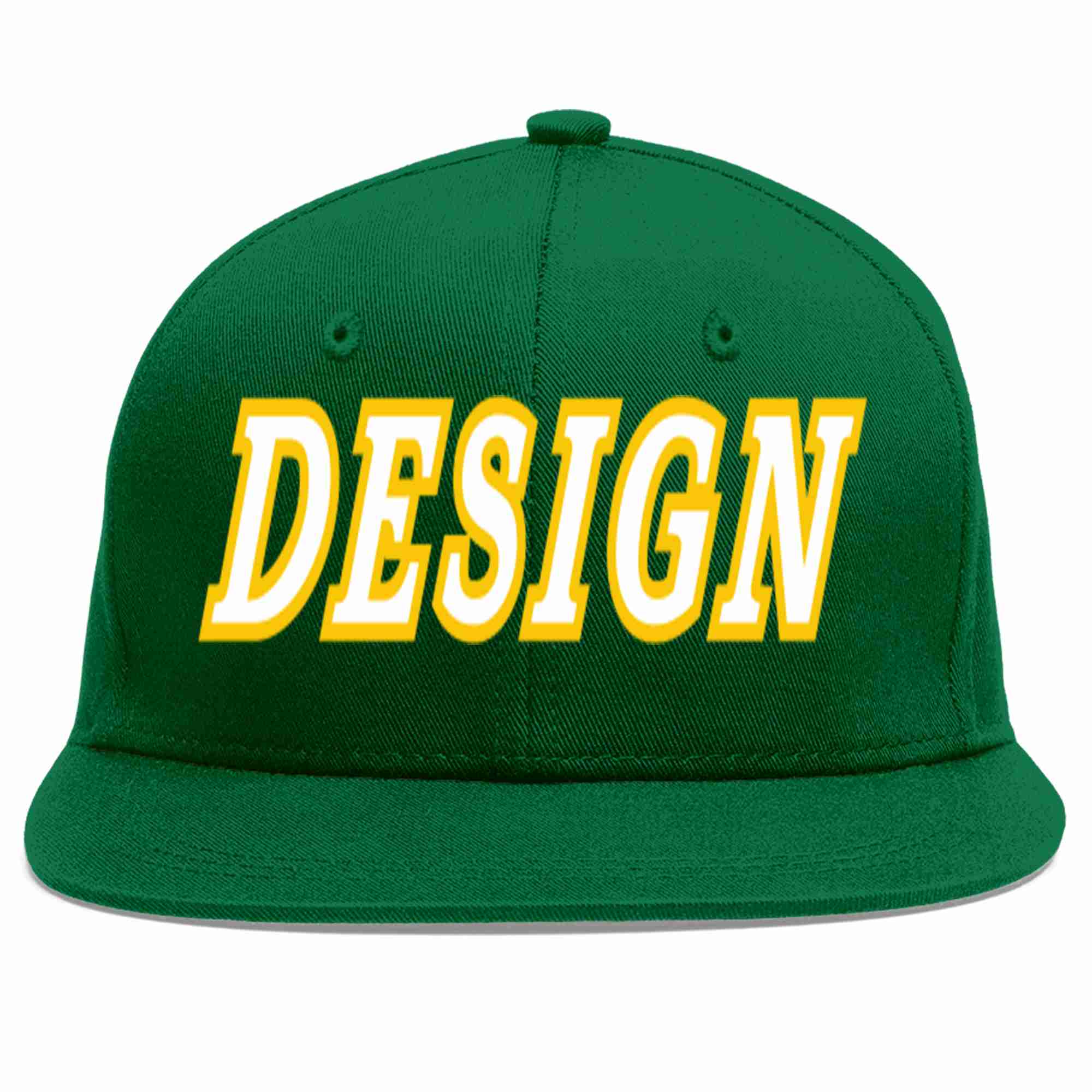 Custom Green White-Gold Flat Eaves Sport Baseball Cap Design for Men/Women/Youth