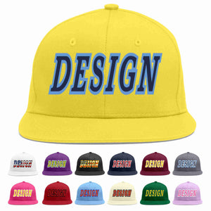 Custom Light Gold Navy-Light Blue Flat Eaves Sport Baseball Cap Design for Men/Women/Youth