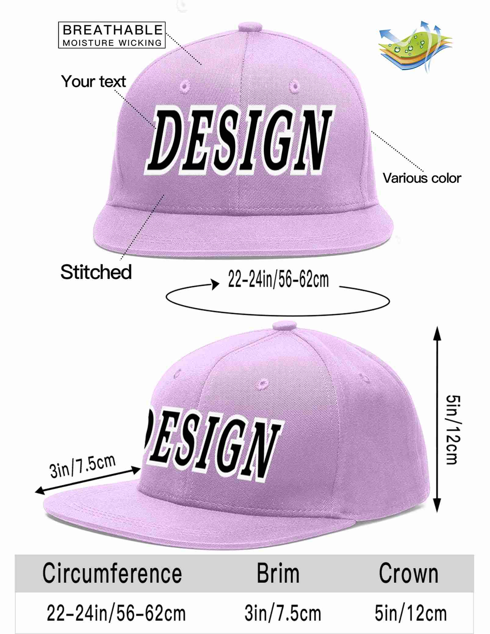 Custom Light Purple Black-White Flat Eaves Sport Baseball Cap Design for Men/Women/Youth