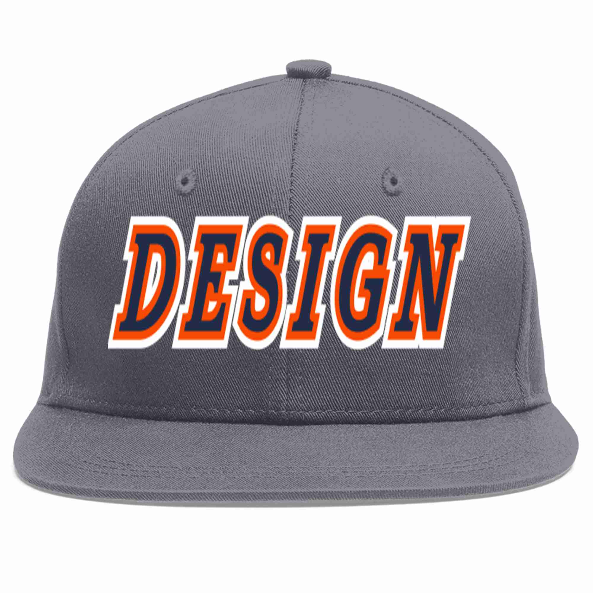 Custom Dark Gray Navy-Orange Flat Eaves Sport Baseball Cap Design for Men/Women/Youth