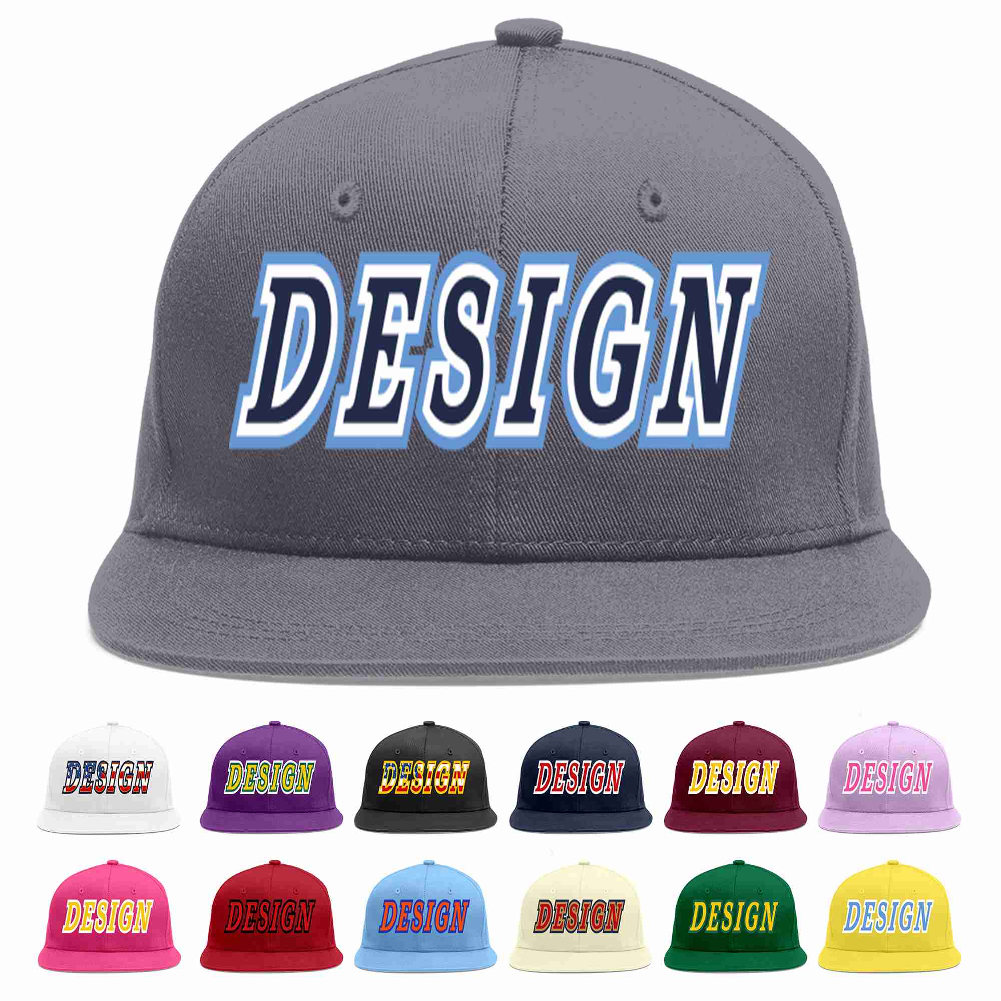 Custom Dark Gray Navy-White Flat Eaves Sport Baseball Cap Design for Men/Women/Youth