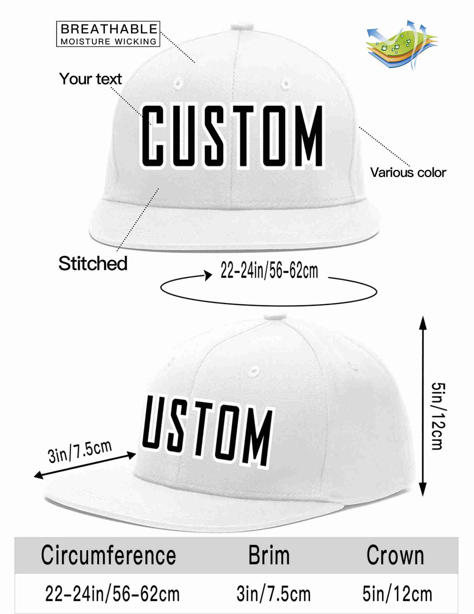 Custom White Black-White Casual Sport Baseball Cap