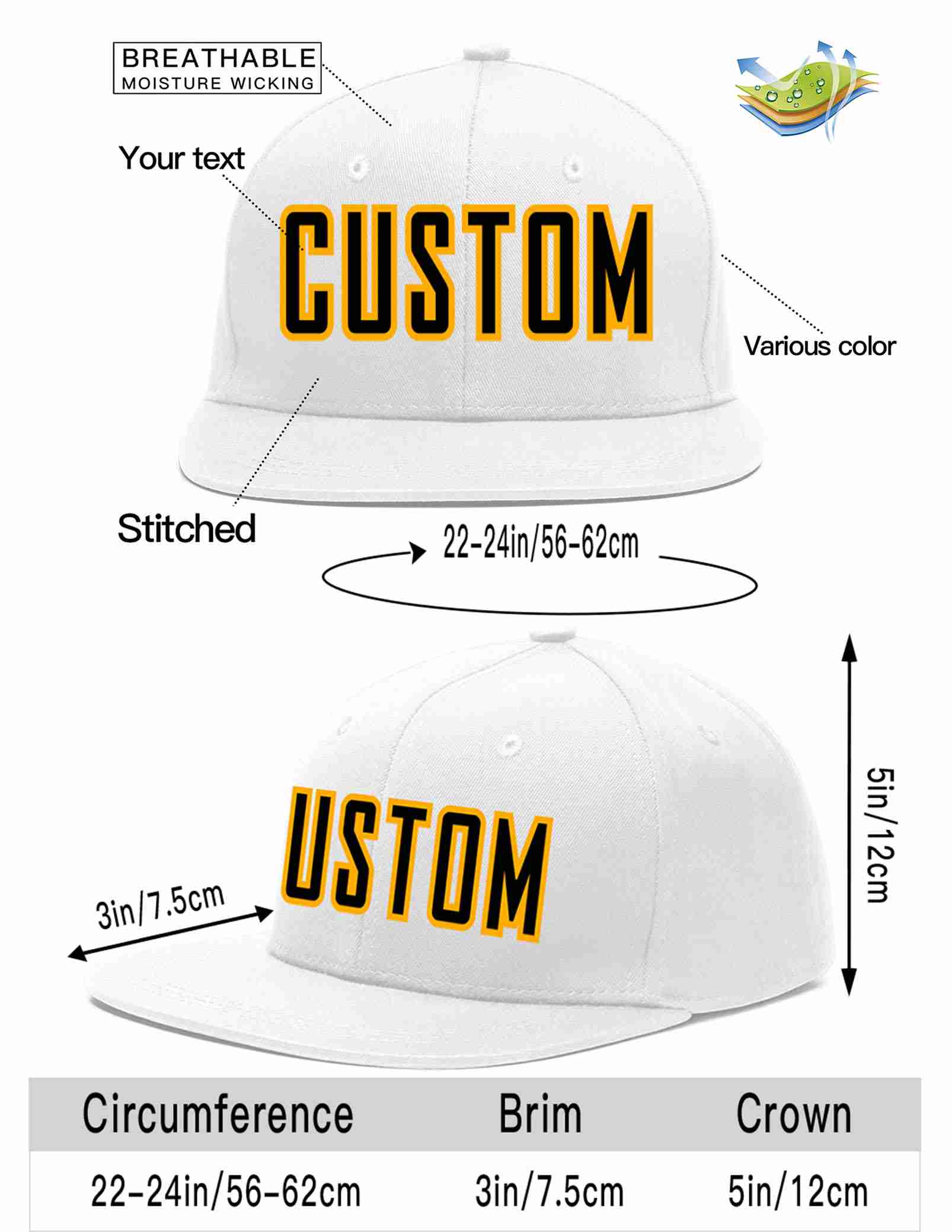 Custom White Black-Yellow Casual Sport Baseball Cap