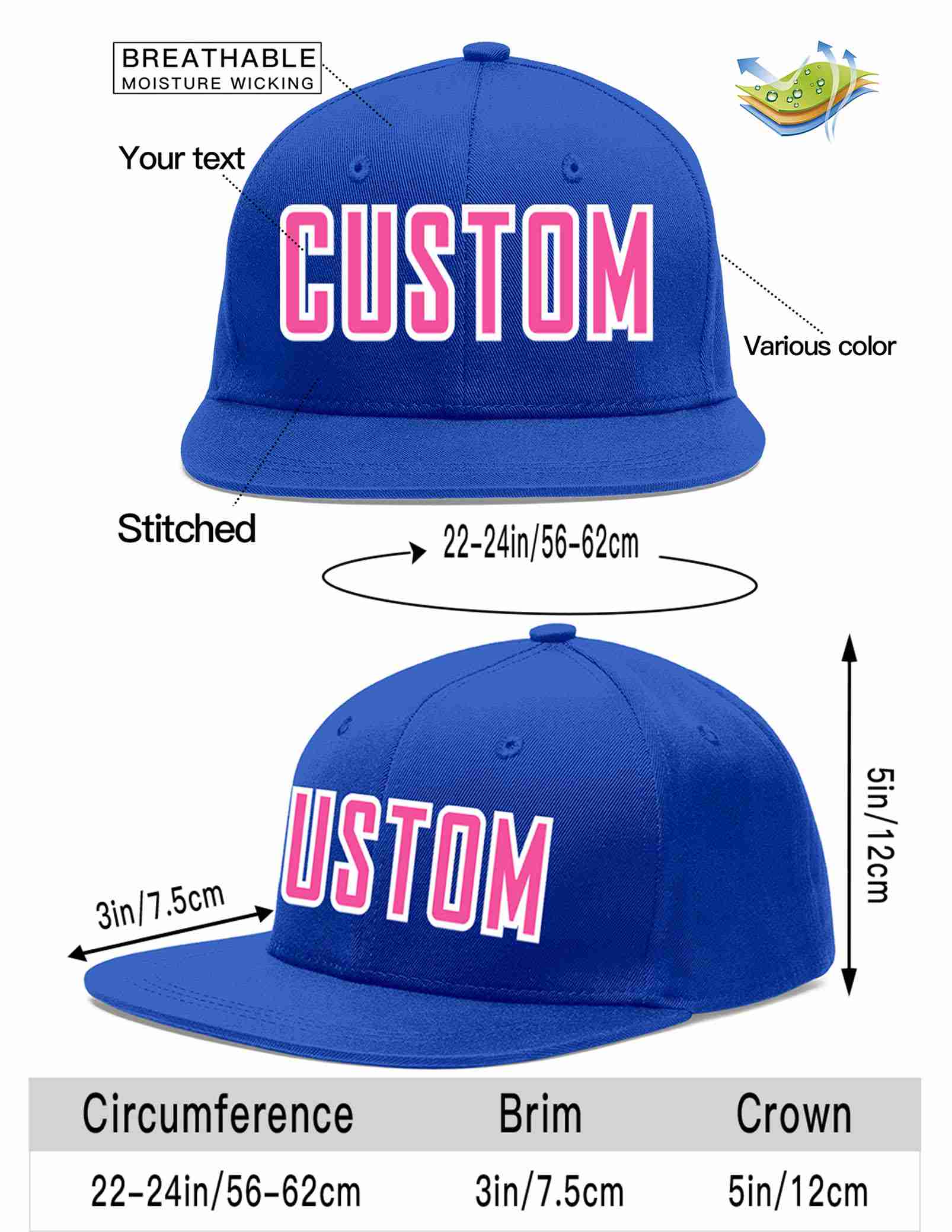 Custom Royal Pink-White Casual Sport Baseball Cap