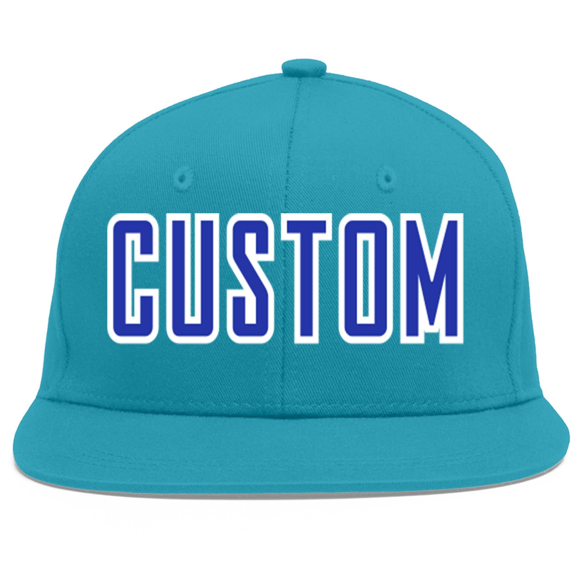 Custom Aqua Royal-White Flat Eaves Sport Baseball Cap