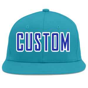 Custom Aqua Royal-White Flat Eaves Sport Baseball Cap