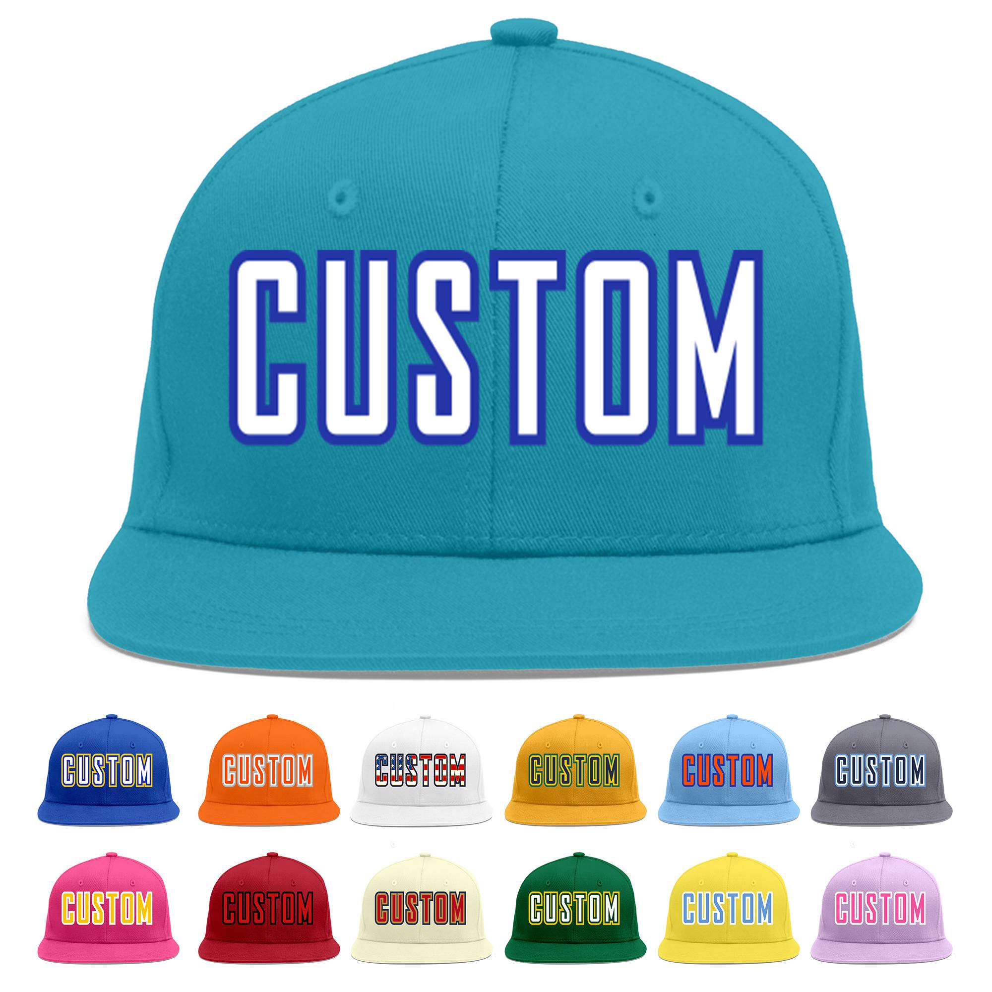 Custom Aqua White-Royal Flat Eaves Sport Baseball Cap