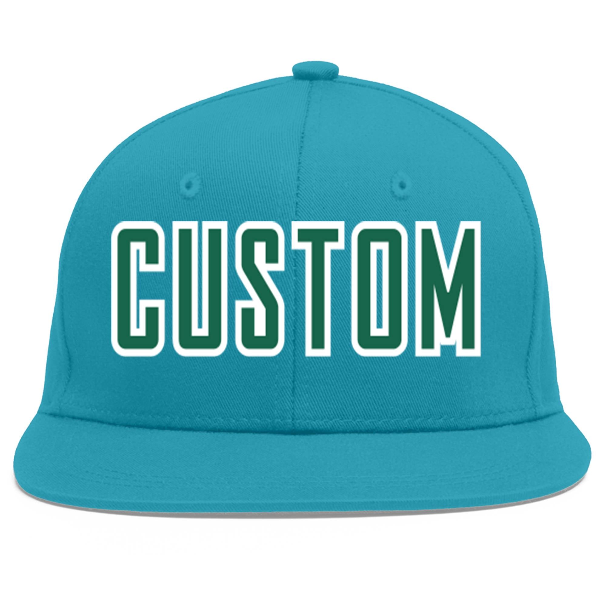 Custom Aqua Kelly Green-White Flat Eaves Sport Baseball Cap