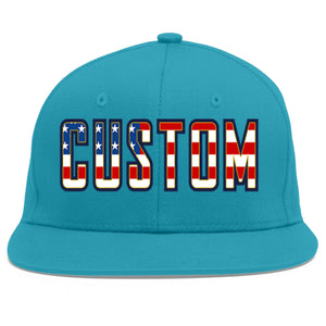 Casquette de baseball de sport personnalisée Aqua Vintage USA Flag-Gold Flat Eaves