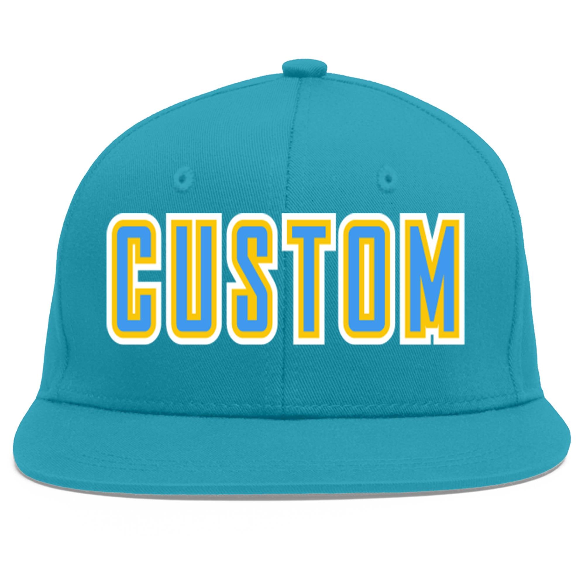 Custom Aqua Powder Blue-Gold Flat Eaves Sport Baseball Cap