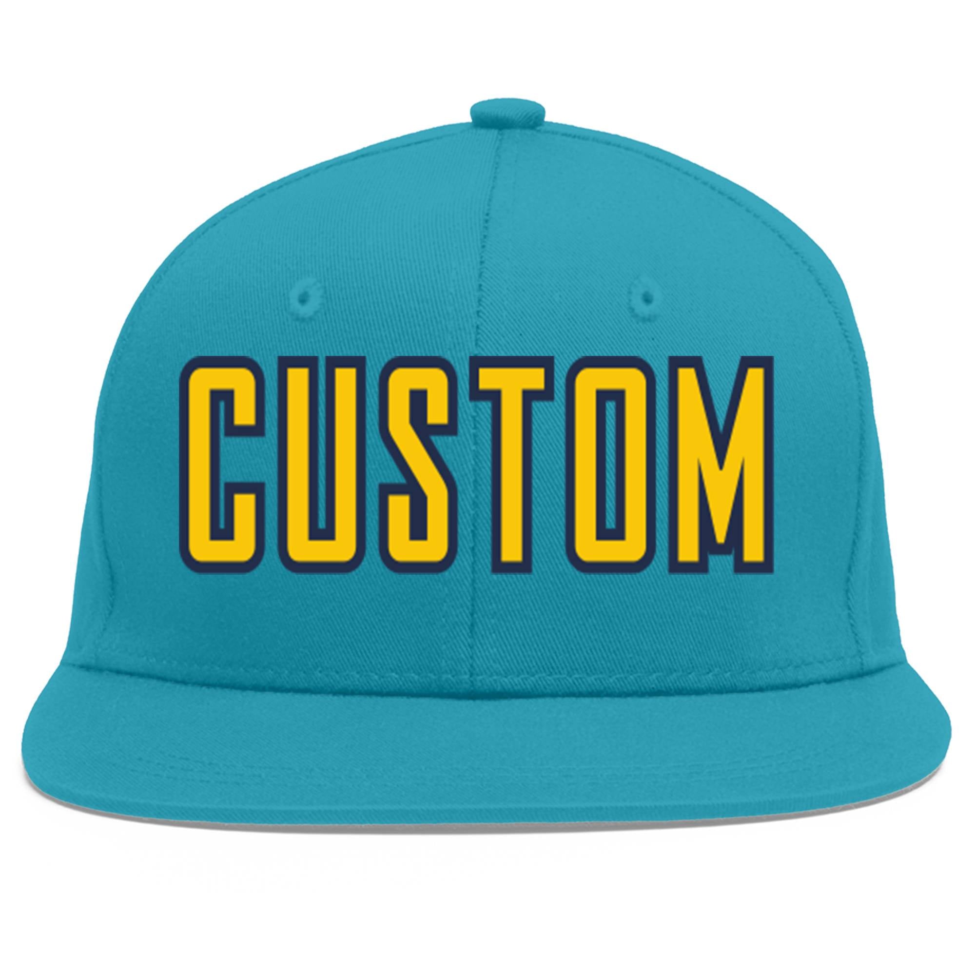 Custom Aqua Gold-Navy Flat Eaves Sport Baseball Cap