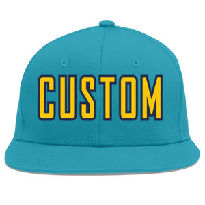 Custom Aqua Gold-Navy Flat Eaves Sport Baseball Cap