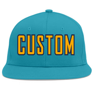 Custom Aqua Yellow-Navy Flat Eaves Sport Baseball Cap