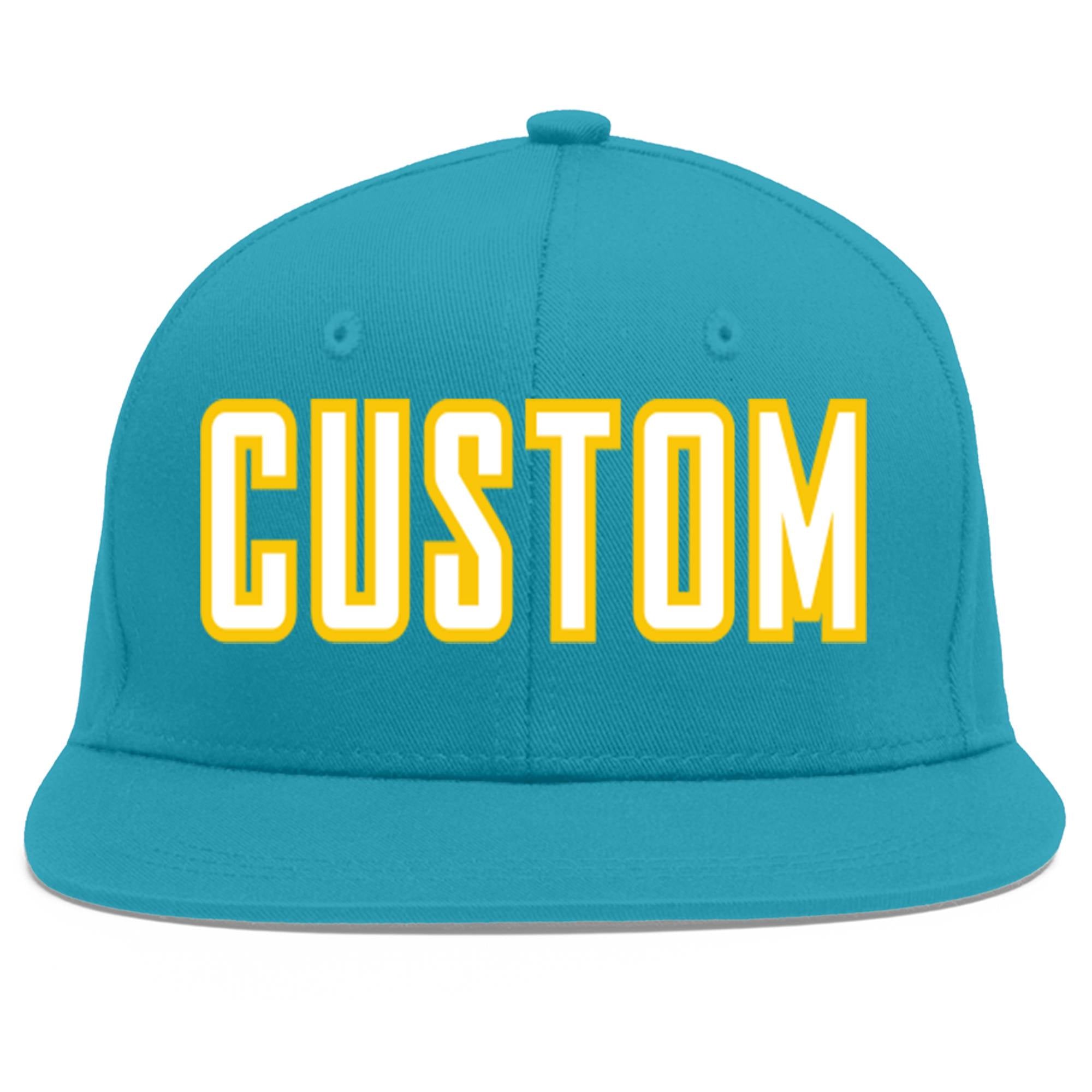 Custom Aqua White-Gold Flat Eaves Sport Baseball Cap