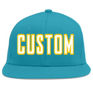 Custom Aqua White-Gold Flat Eaves Sport Baseball Cap