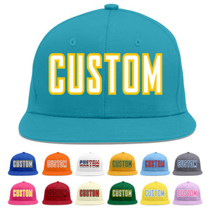 Custom Aqua White-Gold Flat Eaves Sport Baseball Cap