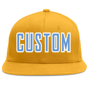 Custom Gold Light Blue-White Flat Eaves Sport Baseball Cap