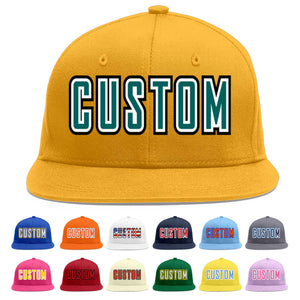 Custom Gold Aqua-White Flat Eaves Sport Baseball Cap