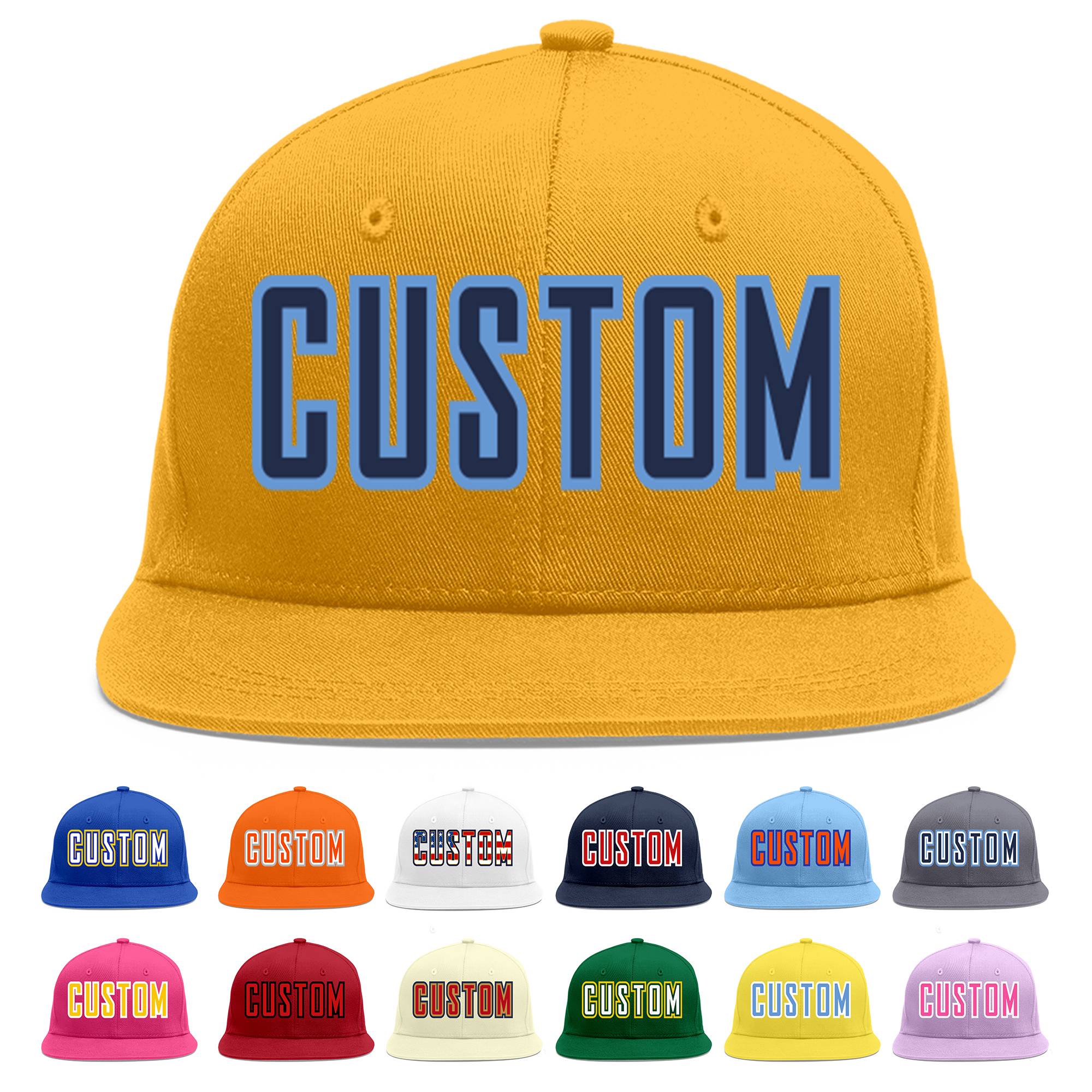 Custom Gold Navy-Light Blue Flat Eaves Sport Baseball Cap