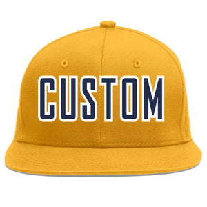 Custom Gold Navy-White Flat Eaves Sport Baseball Cap