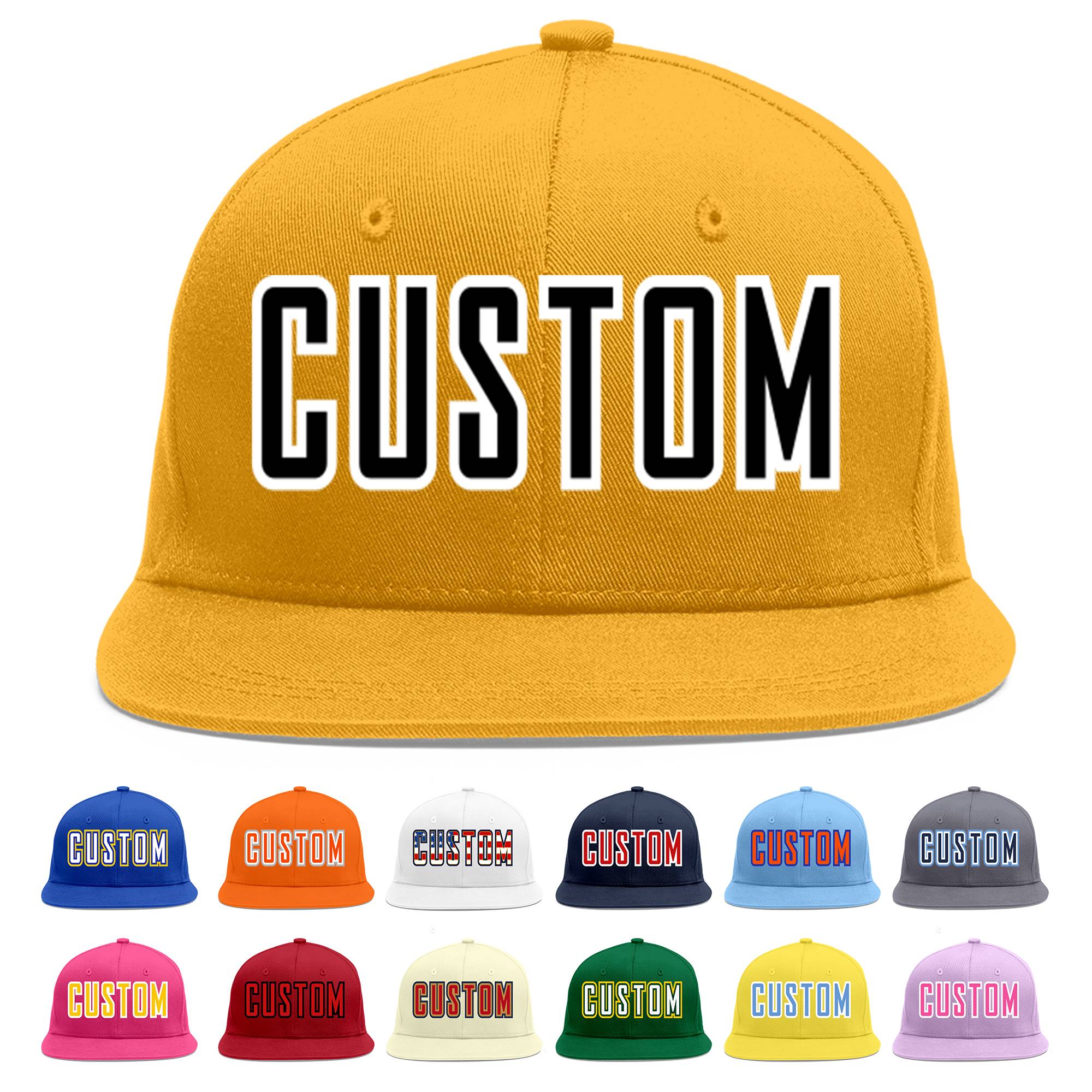 Custom Gold Black-White Flat Eaves Sport Baseball Cap