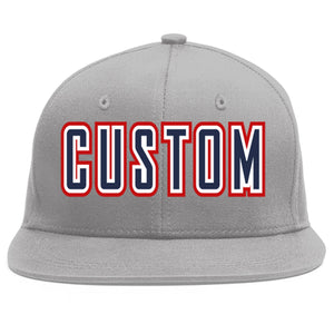 Custom Gray Navy-White Flat Eaves Sport Baseball Cap