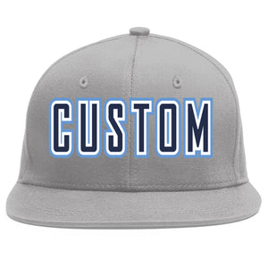 Custom Gray Navy-White Flat Eaves Sport Baseball Cap