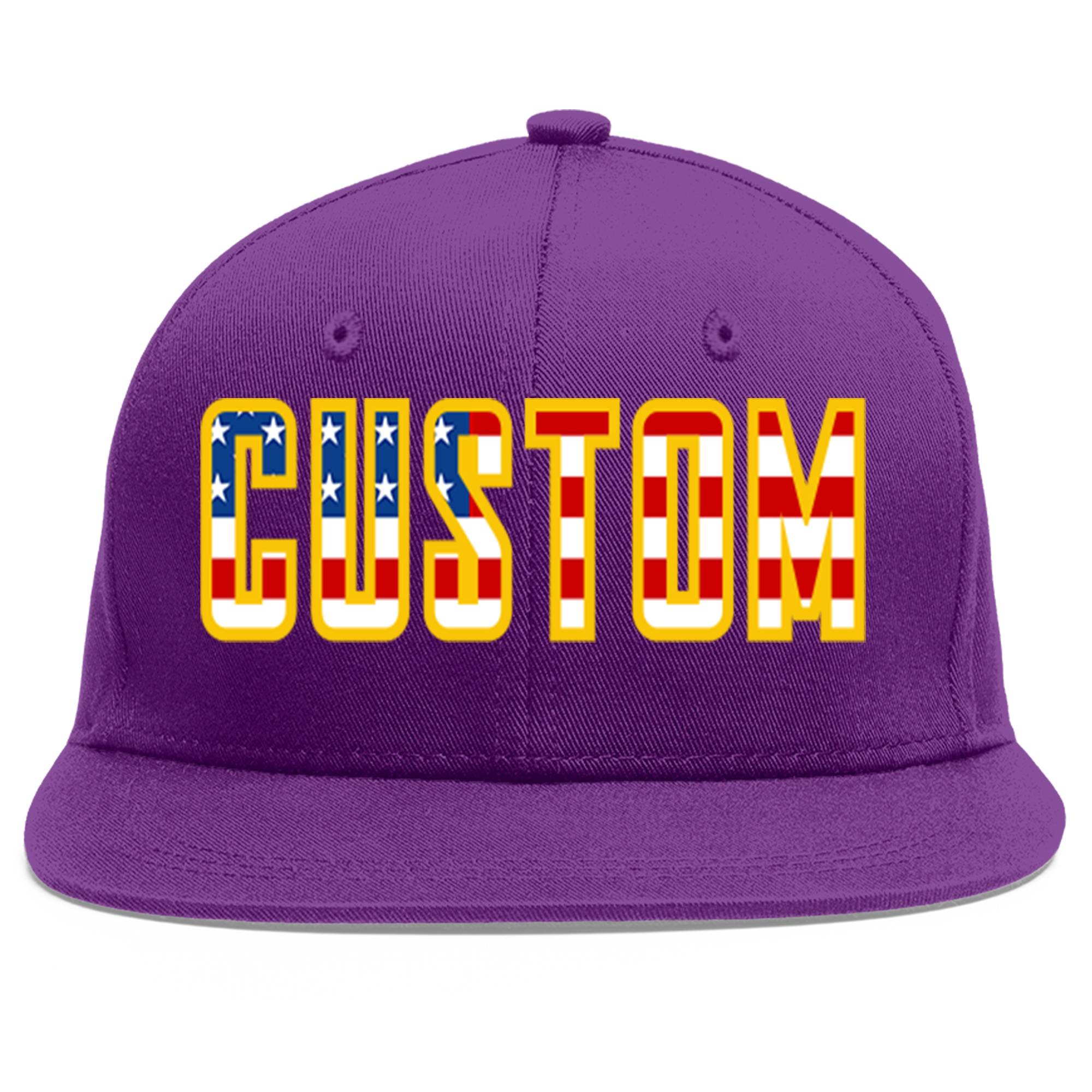 Custom Purple Vintage USA Flag-Gold Flat Eaves Sport Baseball Cap