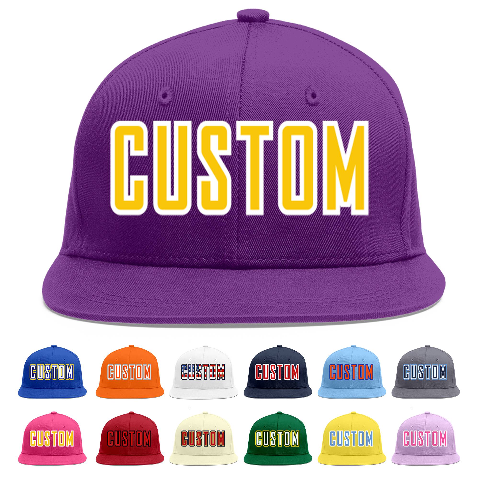 Casquette de baseball sport personnalisée violet or-blanc plat Eaves