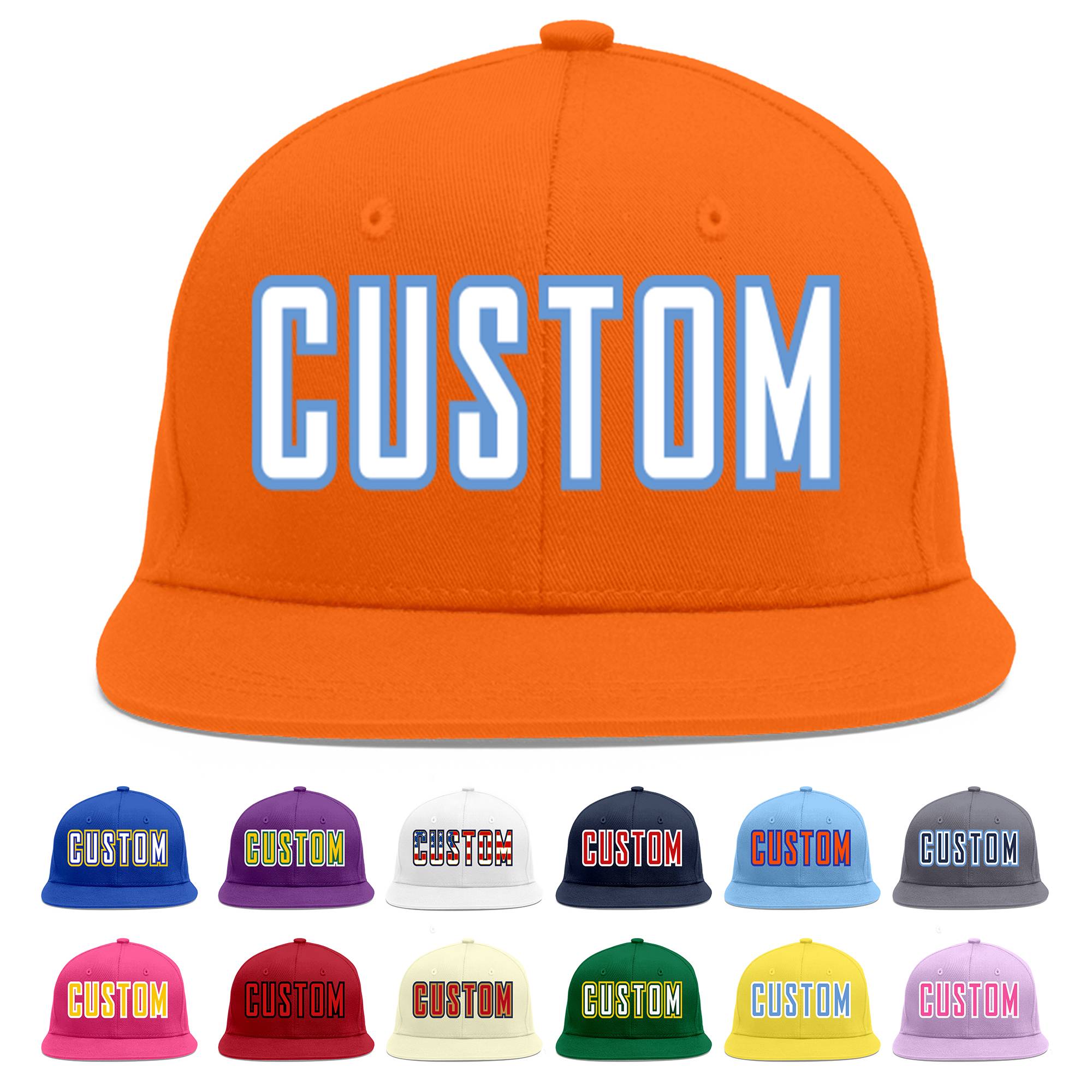 Custom Orange White-Light Blue Flat Eaves Sport Baseball Cap