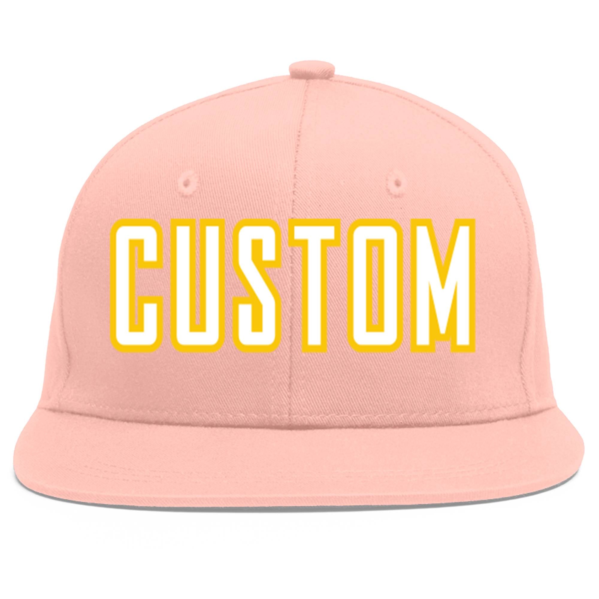 Custom Pink White-Gold Flat Eaves Sport Baseball Cap