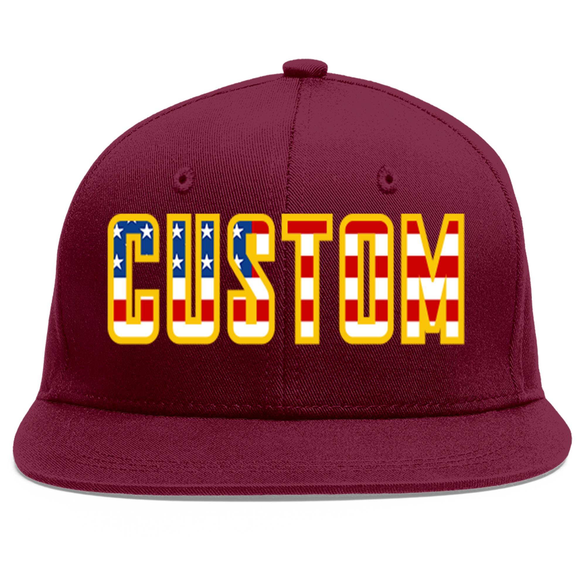 Custom Crimson Vintage USA Flag-Gold Flat Eaves Sport Baseball Cap