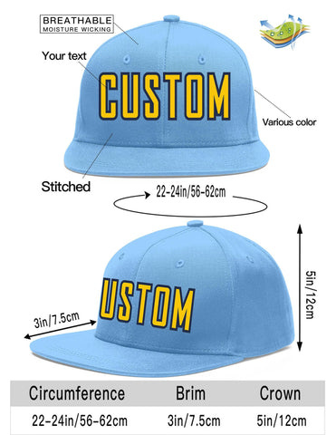 Custom Light Blue Gold-Navy Flat Eaves Sport Baseball Cap