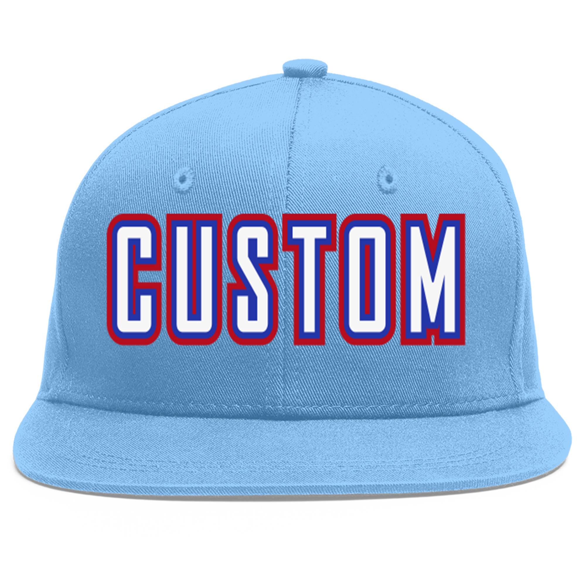 Custom Light Blue White-Royal Flat Eaves Sport Baseball Cap