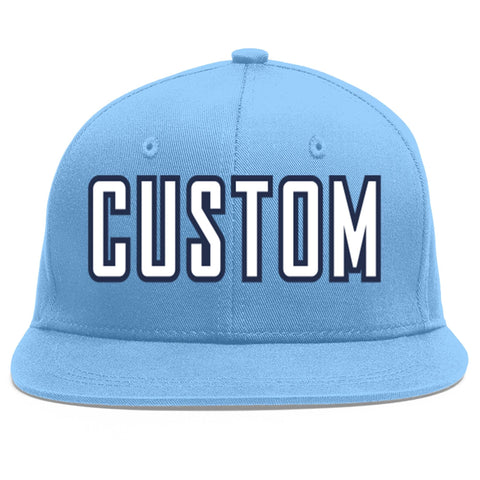 Custom Light Blue White-Navy Flat Eaves Sport Baseball Cap