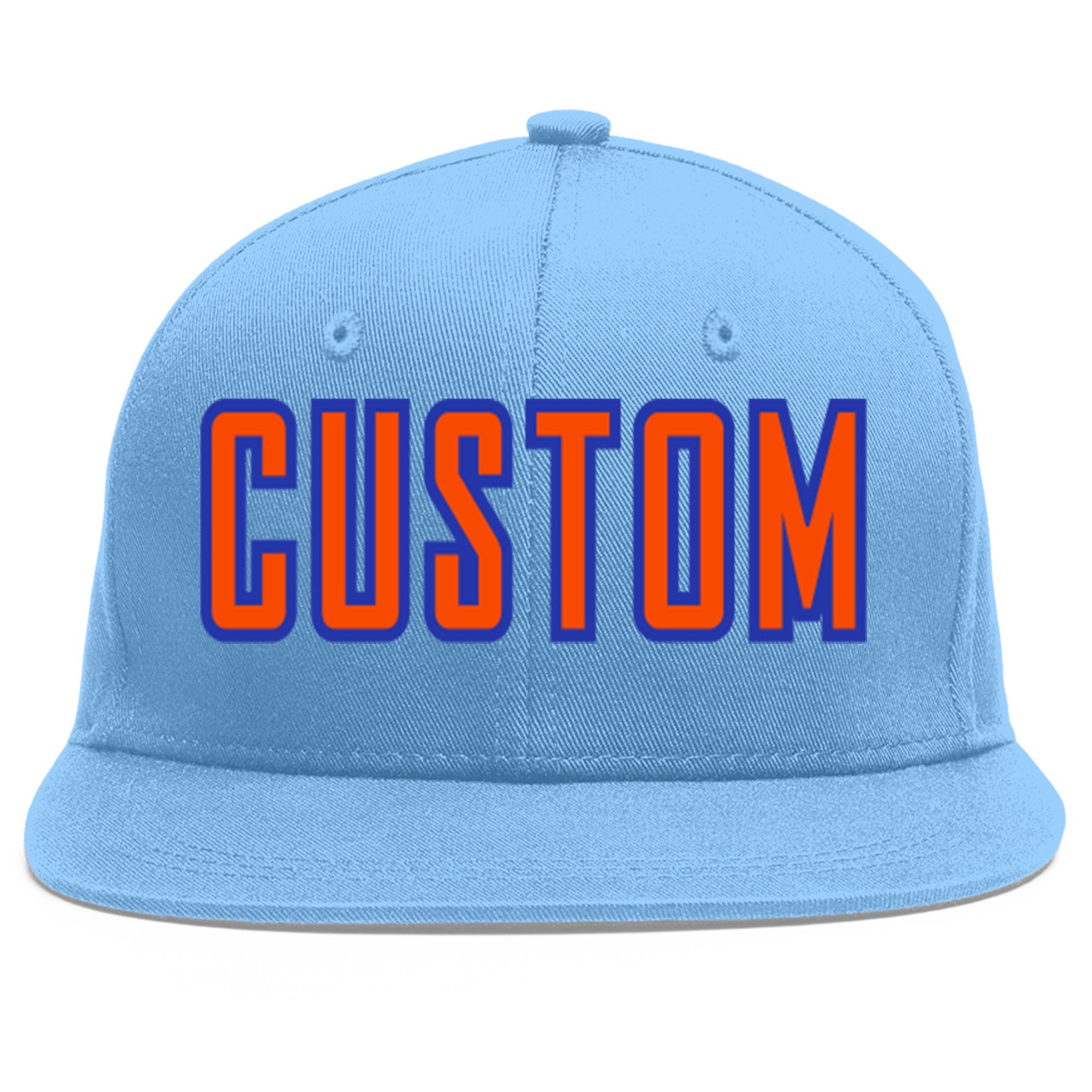 Custom Light Blue Orange-Royal Flat Eaves Sport Baseball Cap