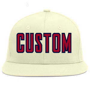 Custom Cream Red-Navy Flat Eaves Sport Baseball Cap