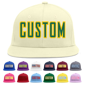 Custom Cream Kelly Green-Gold Flat Eaves Sport Baseball Cap