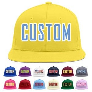 Custom Light Gold Light Blue-White Flat Eaves Sport Baseball Cap