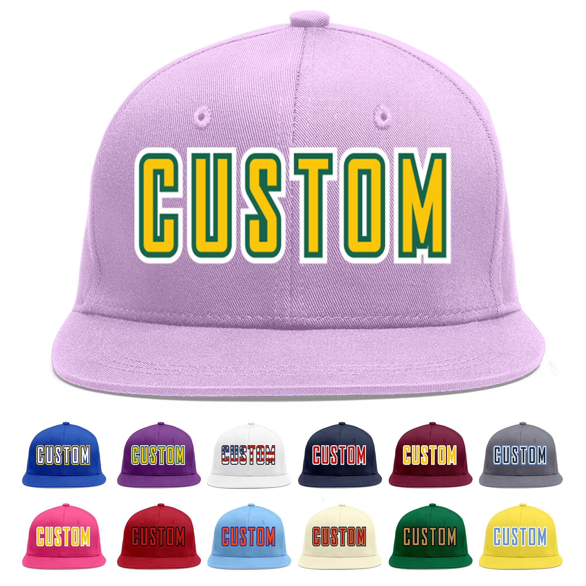 Casquette de baseball de sport personnalisée, violet clair, or-Kelly Green Flat Eaves