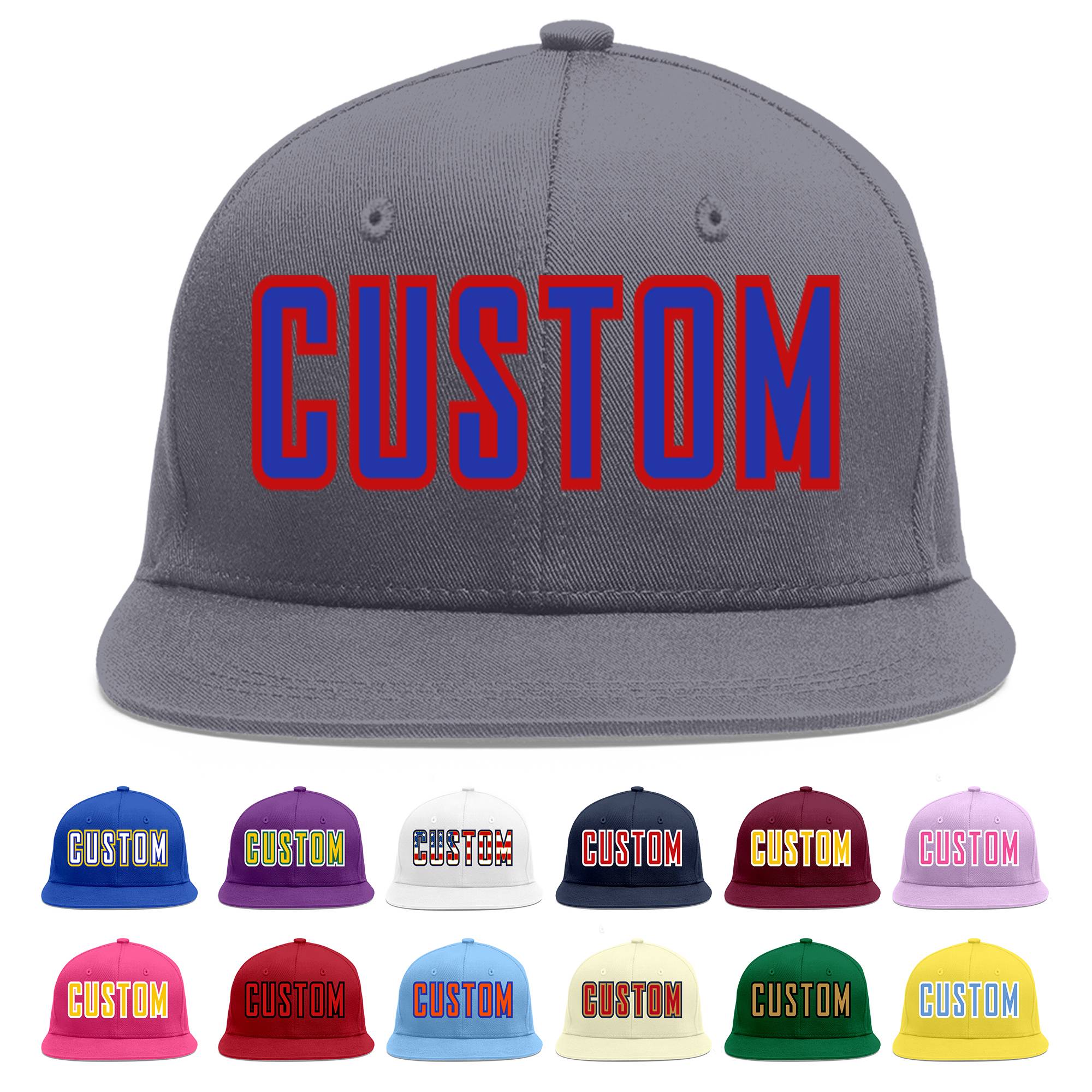 Custom Dark Gray Royal-Red Flat Eaves Sport Baseball Cap