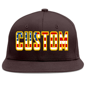 Custom Brown Vintage USA Flag-Gold Flat Eaves Sport Baseball Cap