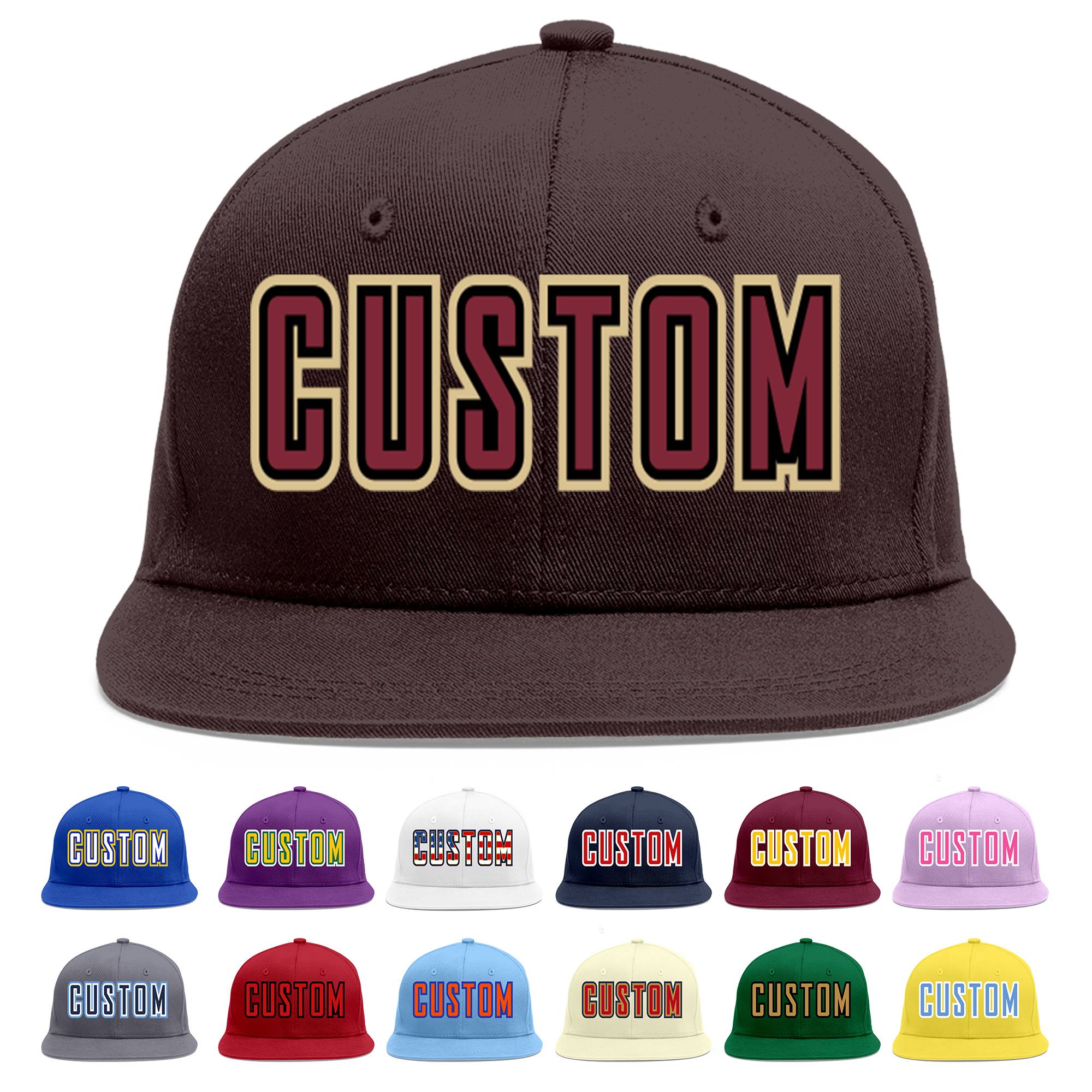 Custom Brown Crimson-Black Flat Eaves Sport Baseball Cap