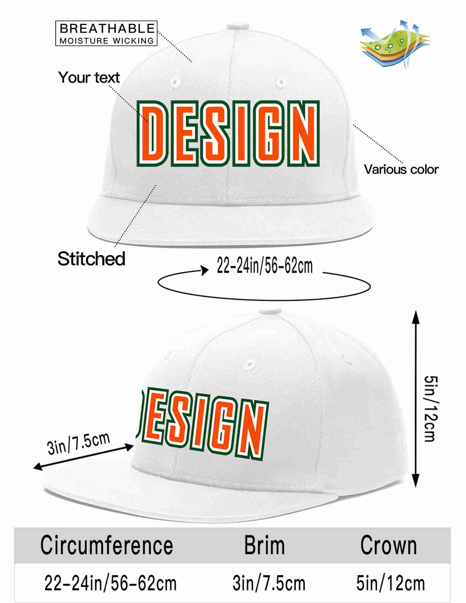 Conception personnalisée de casquette de baseball de sport à avant-toit plat blanc orange-blanc pour hommes/femmes/jeunes