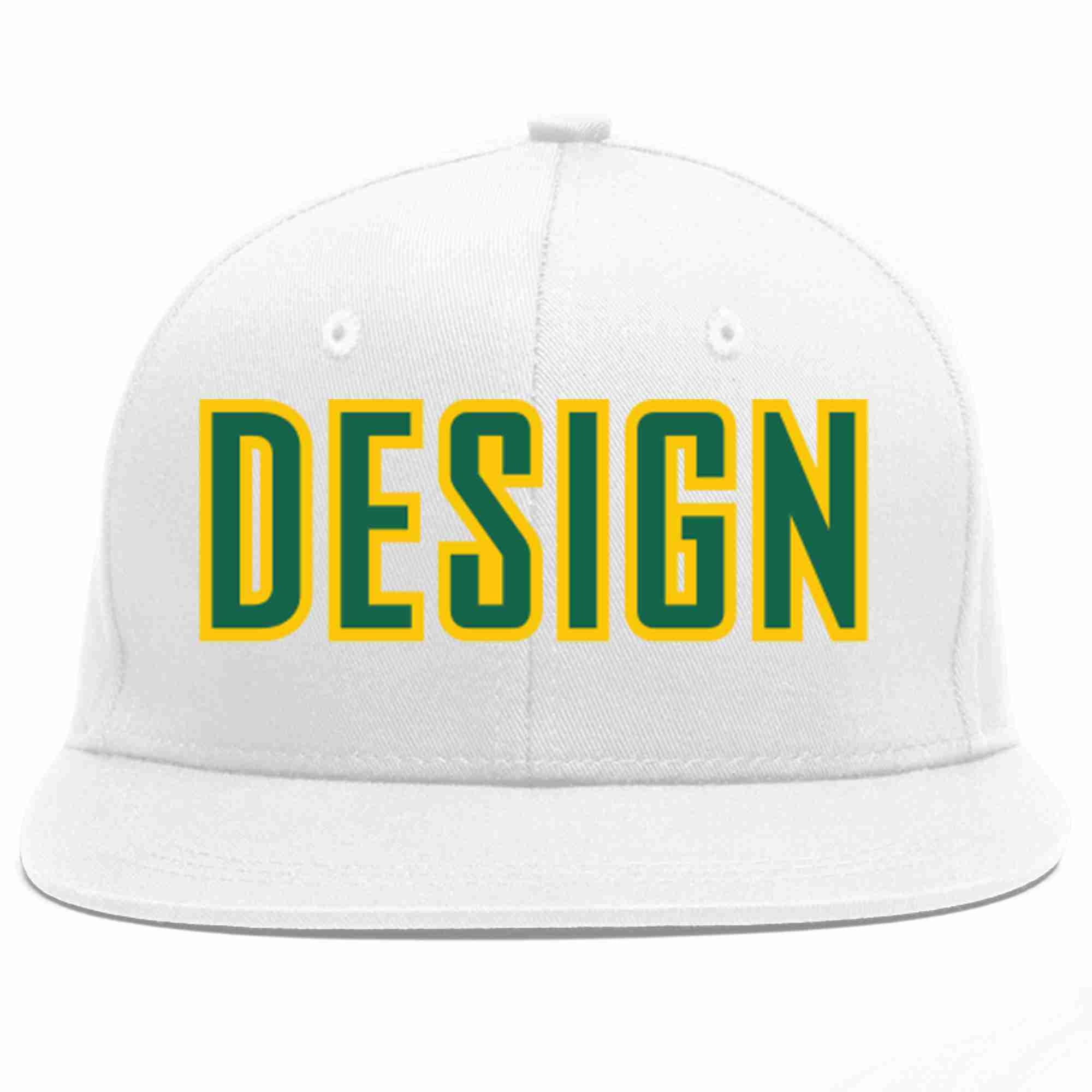 Custom White Kelly Green-Gold Flat Eaves Sport Baseball Cap Design for Men/Women/Youth