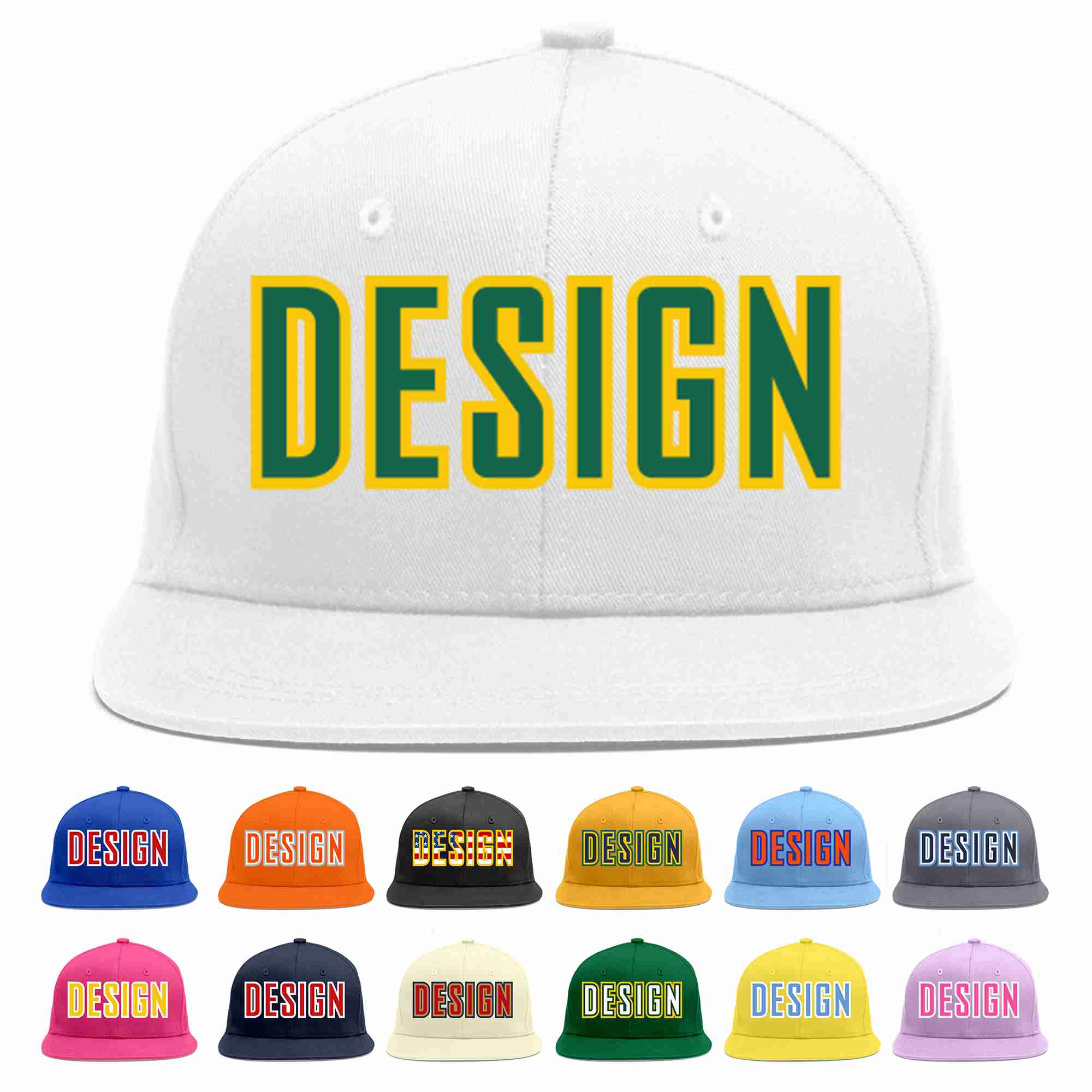 Custom White Kelly Green-Gold Flat Eaves Sport Baseball Cap Design for Men/Women/Youth