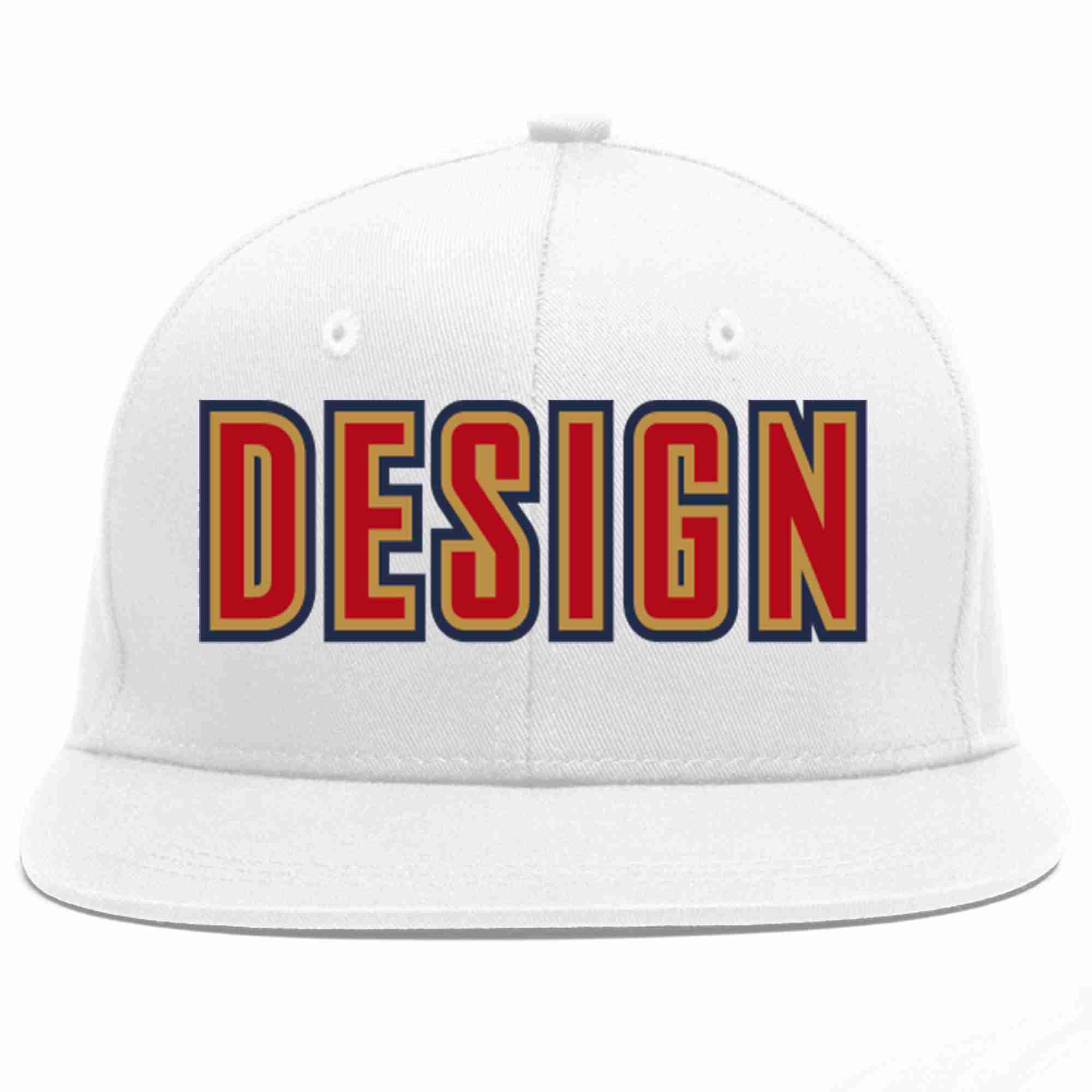 Custom White Red-Old Gold Flat Eaves Sport Baseball Cap Design for Men/Women/Youth