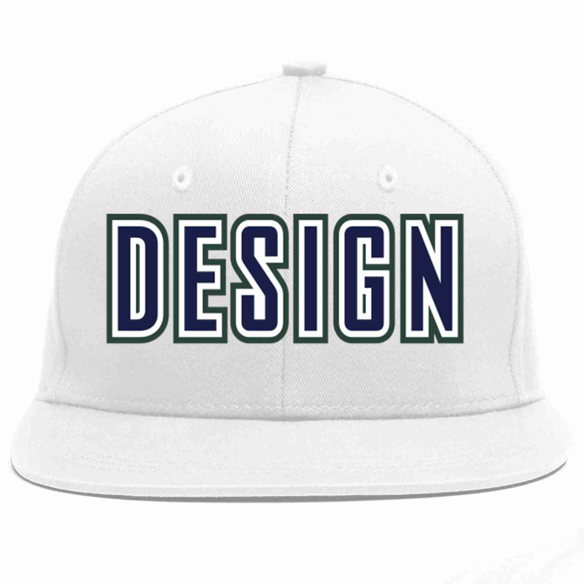 Custom White Navy-White Flat Eaves Sport Baseball Cap Design for Men/Women/Youth