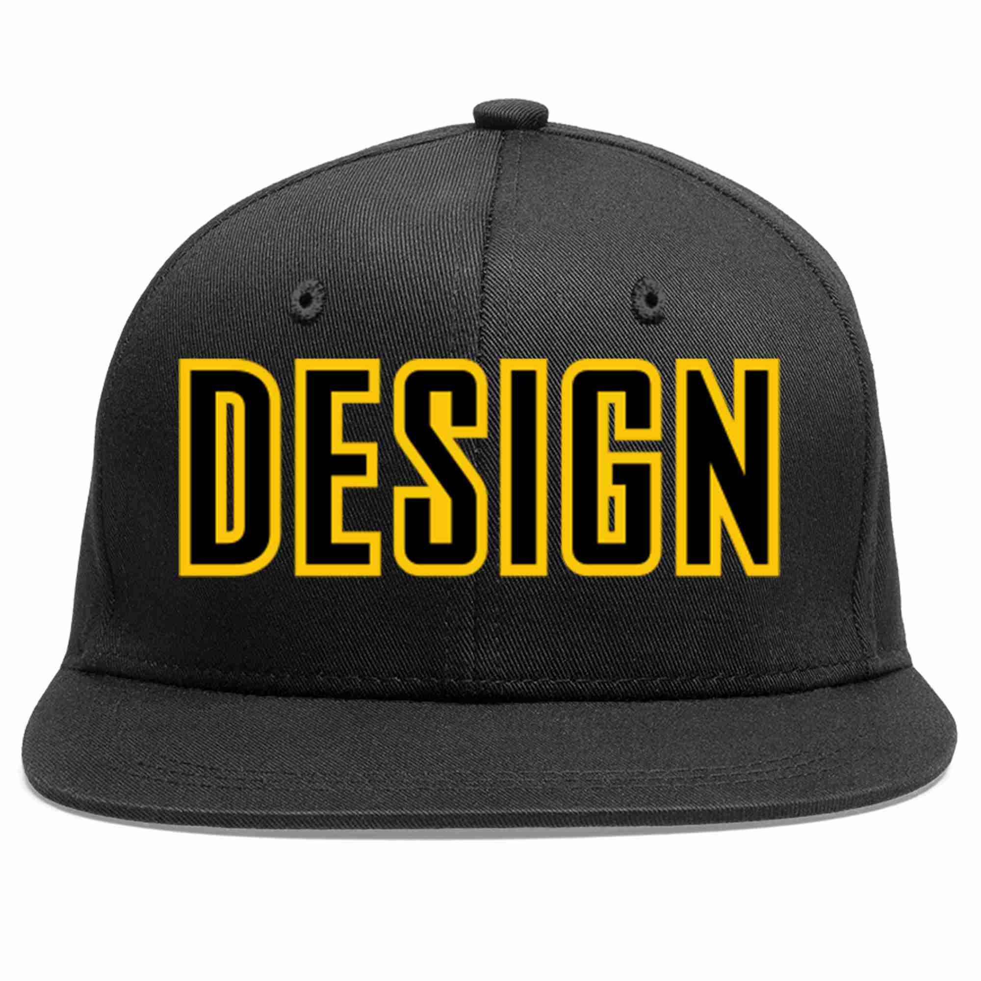 Custom Black Black-Gold Flat Eaves Sport Baseball Cap Design for Men/Women/Youth