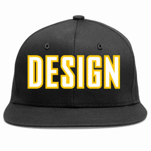 Custom Black White-Gold Flat Eaves Sport Baseball Cap Design for Men/Women/Youth